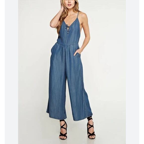 lovestitch Pants - Lovestitch Medium Wash Blue Wide Leg Spaghetti Strap V Neck Front Tie Jumpsuit S